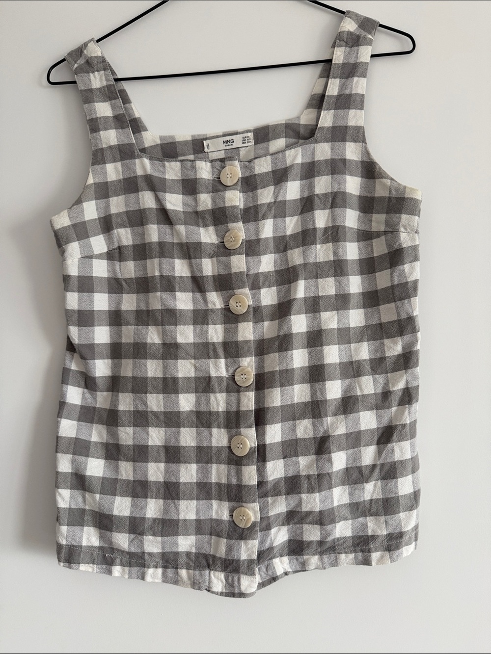 Mango Gray and White Gingham Button-Front Tank